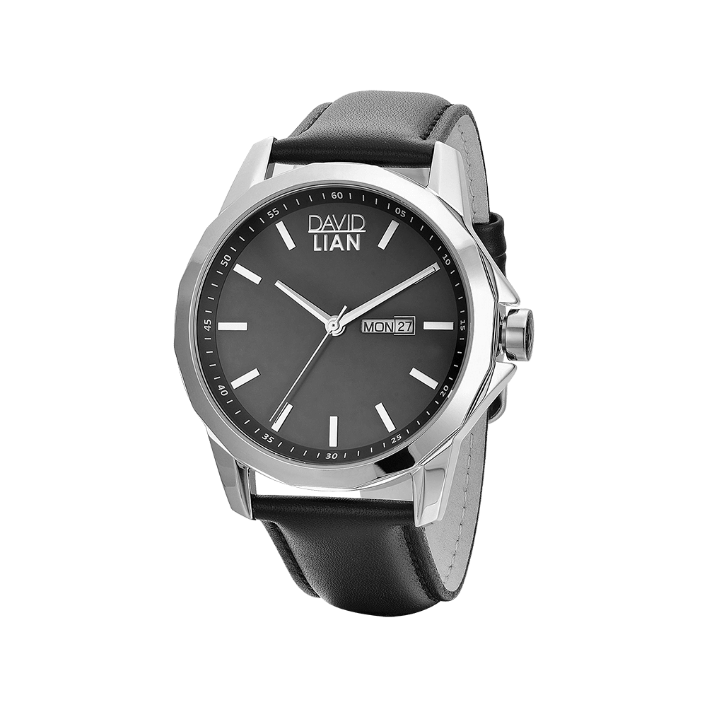 OROLOGIO IN ACCIAIO QUADRANTE NERO E CINTURINO IN PELLE NERA